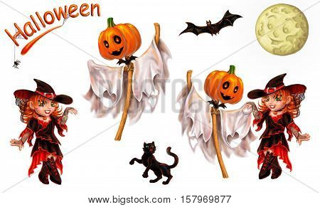 Set of characters for registration of Halloween. Separately on white. An inscription, the cat, a ghost dances with the witch, the moon, a bat, a spider.