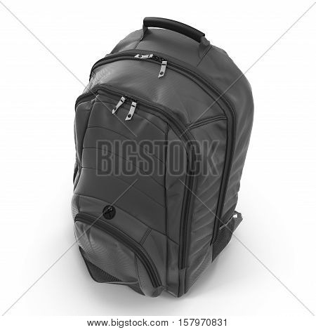 Angle from up Black backpack or back pack or school bag or rucksack isolated on white background. 3D illustration