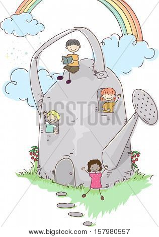 Stickman Illustration of a Group of Preschool Kids Hanging Around a House Shaped Like a Watering Can