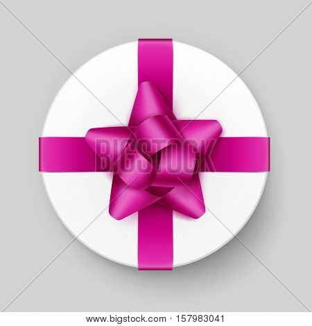 Vector White Round Gift Box with Shiny Magenta Dark Pink Bow and Ribbon Top View Close up Isolated on Background