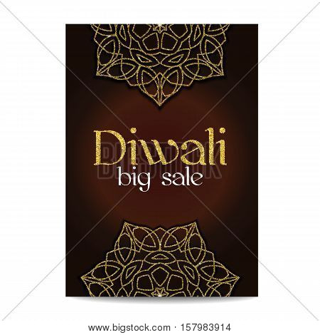 Diwali big sale banner. Indian festival of lights. Flyer with gold glitter shiny floral mandala. Special discount offer. Realistic gold sequins with blinks. Vector EPS10 illustration.