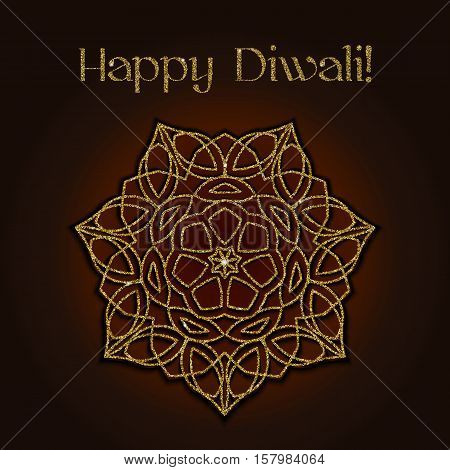 Diwali celebration background. Indian festival of lights. Greeting card with gold glitter shiny floral mandala and text Happy Diwali. Realistic gold sequins with blinks. Vector EPS10 illustration.