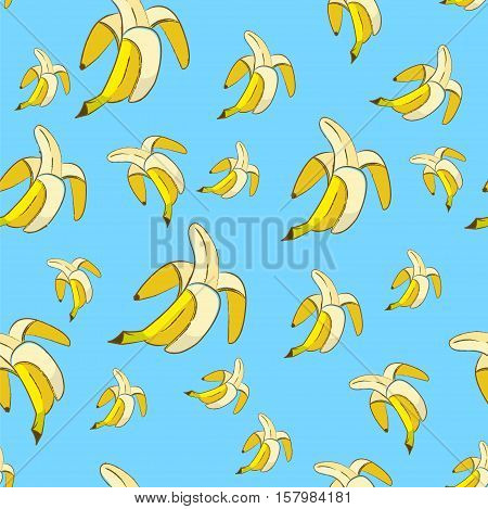 Yellow bananas on blue background seamless pattern in pop art style. Vector EPS10 hand drawn illustration.