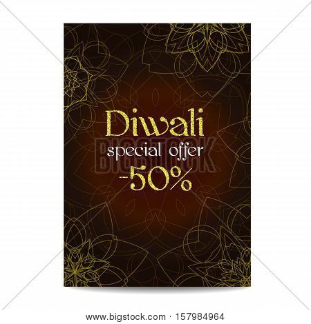 Diwali big sale banner. Indian festival of lights. Flyer with gold glitter shiny text and floral mandala. Special discount offer. Realistic gold sequins with blinks. Vector EPS10 illustration.