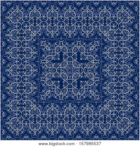 Square white pattern on a blue background. Decorative ornament to the handkerchief. Vector illustration.