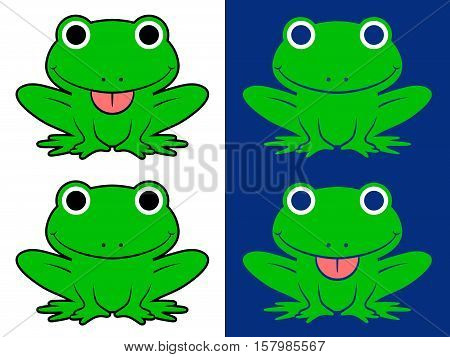Vector set of green cartoon frogs sticking out tongue over white and blue background