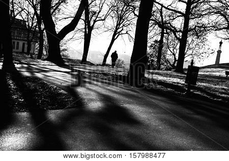 Lonely man walking alone through the park. Loneliness, abandoned, going alone through the life