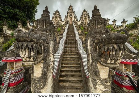 Traditional balinese temple guards at the entrance to Pura Penataran Agung Lempuyang on Bali, Indonesia
