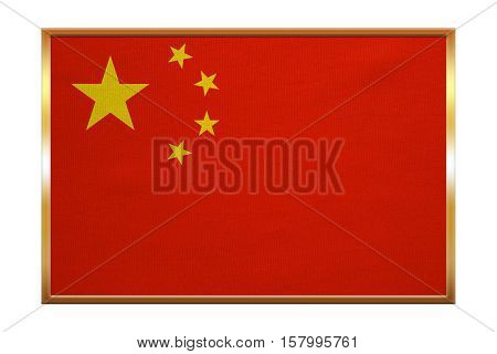 Chinese national flag. Symbol of the People's Republic of China. Patriotic PRC background design. Correct colors. Flag of China golden frame fabric texture illustration. Accurate size color