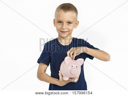 Little Boy Kid Adorable Cute Saving Piggy Bank Portrait Concept