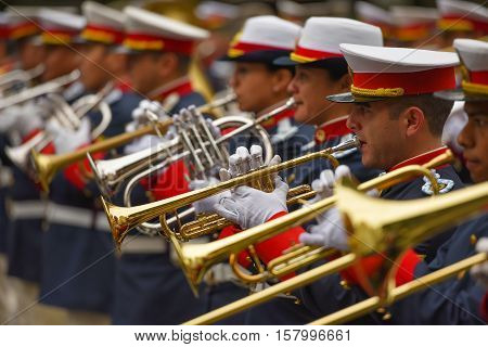 Buenos Aires, Argentina - Jul 11, 2016: Members of the Argentine military band perform at the parade during celebrations of the bicentennial anniversary of Argentinean Independence day.