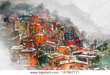 Digital watercolor painting of Manarola. Manarola is a small coastal village in the Italian region of Liguria Cinque Terre. Province of La Spezia. Italy.