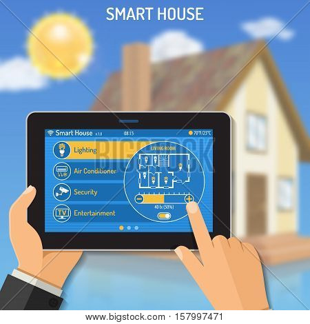 Smart House and internet of things concept Man holding tablet PC similar to ipad horizontal in hand and smart home controls. vector illustration
