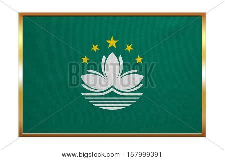 Macanese official flag. Patriotic chinese symbol banner element background. Macau is special region of PRC. Correct colors. Flag of Macau golden frame fabric texture illustration. Accurate size