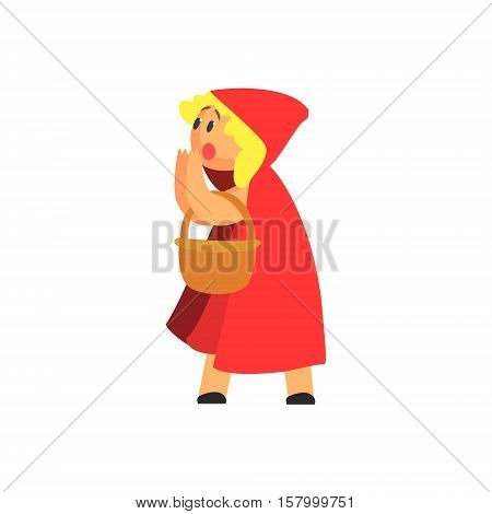 Girl In Costume Of The Red Hood Character Performing In Theatrical Show In Fairy-Tale Story. Children Actors Acting On Stage Of School Theatre In A Play For Performance Art Class Colorful Vector Illustration