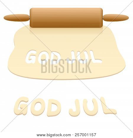 Merry Christmas Cookies Cut Out From Pastry Dough Saying God Jul In Swedish Language.