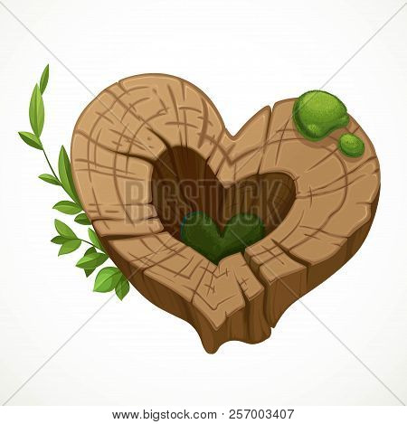 Old Cracked Stump In The Shape Of A Heart Covered With Moss Isolated On A White Background