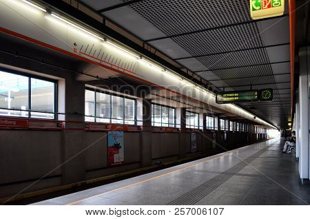 Vienna, Austria - June 17, 2018: View Of Overground Subway Station With Digital Countdown Clock