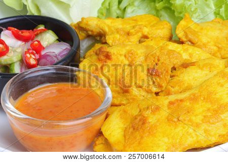 Charcoal Boiled Chicken Satay, Homemade, Served With Cucumber Chili Sauce As Ar Jad In Thai And Nut 