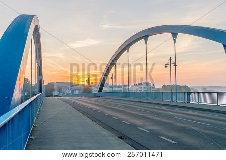Frankfurt Oder, Germany - August 19, 2018: Sunrise View At Bridge Between Poland And German. View Of