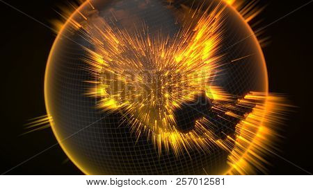 Dark Earth Globe With Glowing Details And Light Rays. 3d Illustration