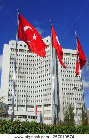 Ankara, Turkey - National flags and Ministry of Foreign Affairs Building in Ankara