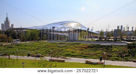 Moscow - September 4, 2018: Zaryadye Park with the modern amphitheater in Moscow, Russia. Zaryadye is one of the main tourist attractions of Moscow