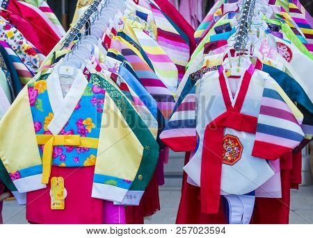Seoul - May 10 : Hanbok Clothing In Seoul Korea On May 10 2018. Hanbok Is A Korean Traditional Cloth