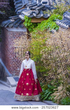 Seoul - May 10 : Korean Woman Wearing Hanbok Dress In Seoul Korea On May 10 2018. Hanbok Is A Korean
