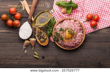 Food Background For Tasty Italian Dishes With Tomato. Various Cooking Ingredients With Spaghetti And