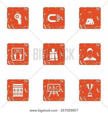 School Education Icons Set. Grunge Set Of 9 School Education Icons For Web Isolated On White Backgro