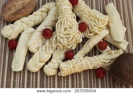 Set Suluguni Cheese. Homemade Suluguni. Cheese With Homemade Bread And Cherry Tomatoes.