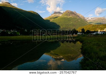 Sunset Over Innvikfjorden And Loen Village At Stryn, Norway
