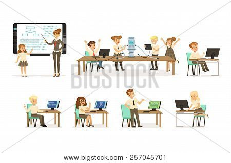 School Children At The Informatics And Programming Lesson Set, Teacher Giving Lesson In Classroom, K