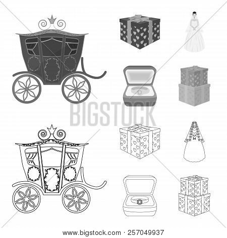Wedding And Attributes Cartoon , Flat, Outline, Black Icons In Set Collection For Design.newlyweds A