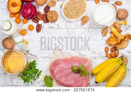Best Food For Getting Sleep. Foods Rich Of Tryptophene And Melatonin. Healthy Nutrition Concept