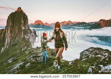 Happy Couple Holding Hands Traveling Together Hiking In Norway Healthy Lifestyle Concept Active Vaca