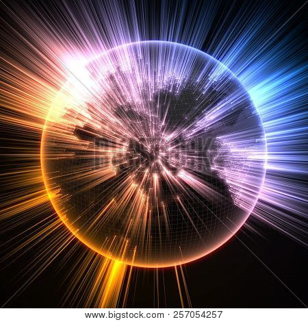 Dark Earth Globe With Glowing Details And Light Rays. 3d Illustration
