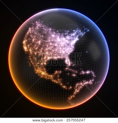 Dark Earth Globe With Glowing Details Of City And Human Population Density Areas. 3d Illustration