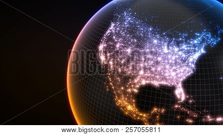 Dark Earth Globe With Glowing Details Of City And Human Population Density Areas. 3d Illustration