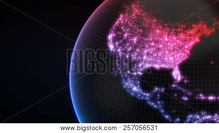 Dark Earth Globe With Glowing Details Of City And Human Population Density Areas. 3d Illustration