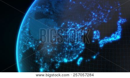 Dark Earth Globe With Glowing Details Of City And Human Population Density Areas. 3d Illustration