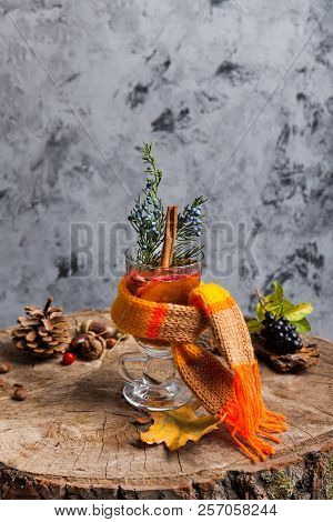 Hot Drink With Honey And Spices On Wooden Background Concept Of Seasonal Postcard