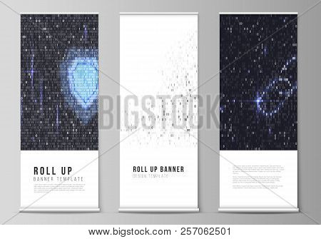 The Vector Layout Of Roll Up Banner Stands, Vertical Flyers, Flags Design Business Templates. Binary