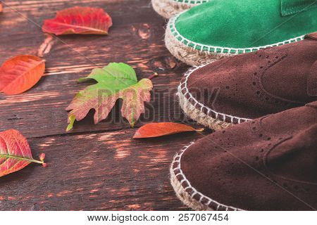 Green Man Suede Boots Espadrilles On Wooden Background