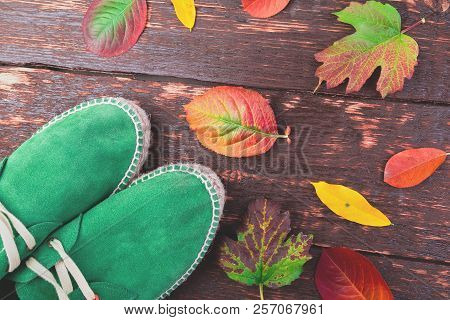 Green Man Suede Boots Espadrilles On Wooden Background