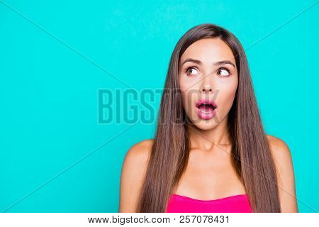 Advertising Concept. Close Up Studio Photo Portrait Of Pretty Crazy Cute Good-looking Charming Voice