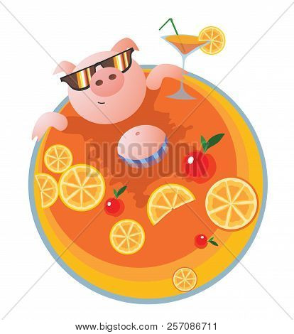 The Pig Rests And Drinks Coctail In The Pool With Apples And Oranges. Vector Illustration. Isolated 