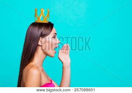 Side Profile View Of Young Straight-haired Sweet Tender Brunette Girl With Long Hair, Wearing Crown 