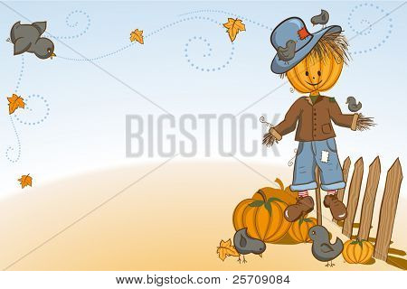 Ringraziamento o Halloween greeting card - Spaventapasseri con i corvi